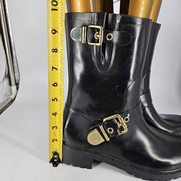 Vince Camuto Boots Womens Size 7 Black VC Hinch Rubber Rain Moto Gold Buckle - Picture 12 of 12